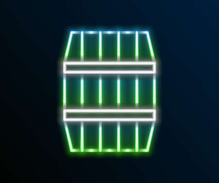 Glowing neon line Wooden barrel icon isolated on black background. Alcohol barrel, drink container, wooden keg for beer, whiskey, wine. Colorful outline concept. Vectorのイラスト素材