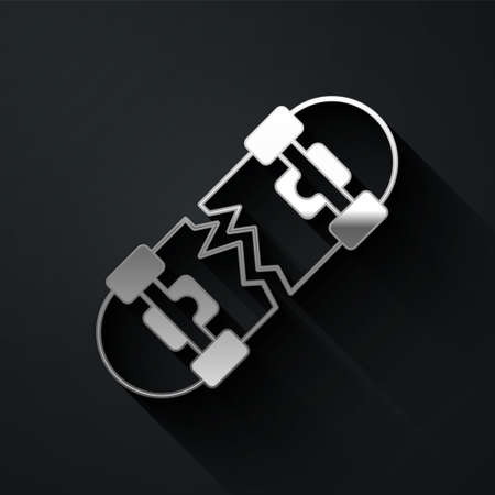 Silver Broken skateboard icon isolated on black background. Extreme sport. Sport equipment. Long shadow style. Vectorのイラスト素材