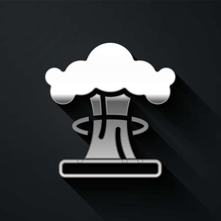 Silver Nuclear explosion icon isolated on black background. Atomic bomb. Symbol of nuclear war, end of world. Long shadow style. Vectorのイラスト素材