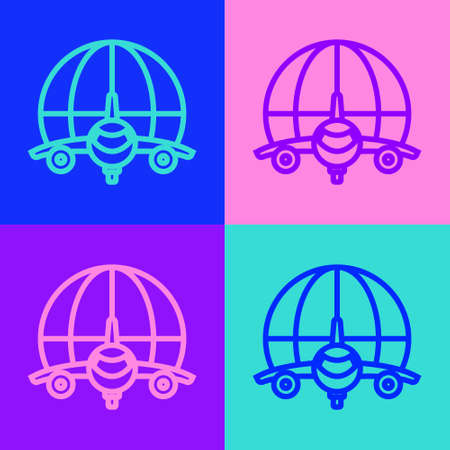 Pop art line Globe with flying plane icon isolated on color background. Airplane fly around the planet earth. Aircraft world icon. Vectorのイラスト素材