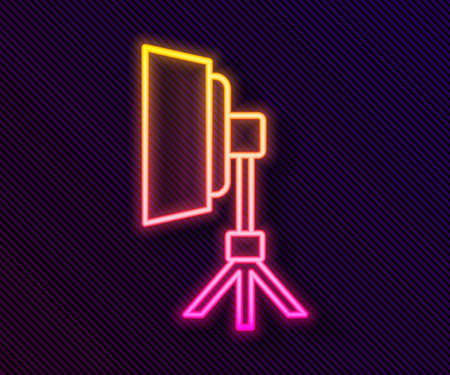 Glowing neon line Studio light bulb in softbox icon isolated on black background. Shadow reflection design. Vectorのイラスト素材