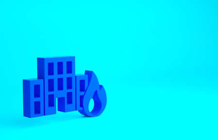 Blue Fire in burning buildings on city street icon isolated on blue background. Destroyed city on...
