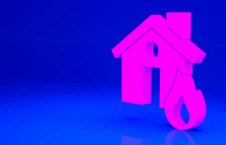 Pink Fire in burning house icon isolated on blue background. Minimalism concept. 3d illustration 3D...