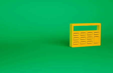 Orange Calculator icon isolated on green background. Accounting symbol. Business calculations mathematics education and finance. Minimalism concept. 3d illustration 3D renderの写真素材