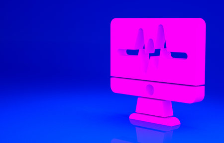 Pink Computer monitor with cardiogram icon isolated on blue background. Monitoring icon. ECG monitor with heart beat hand drawn. Minimalism concept. 3d illustration 3D renderの写真素材