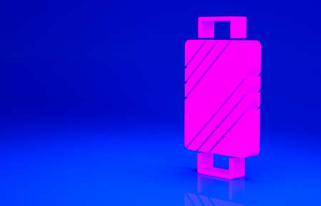 Pink Sewing thread on spool icon isolated on blue background. Yarn spool. Thread bobbin. Minimalism concept. 3d illustration 3D renderの写真素材