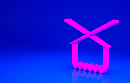 Pink Knitting needles icon isolated on blue background. Label for hand made, knitting or tailor shop. Minimalism concept. 3d illustration 3D renderの写真素材