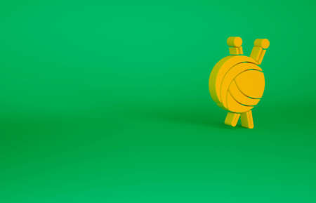 Orange Yarn ball with knitting needles icon isolated on green background. Label for hand made,...