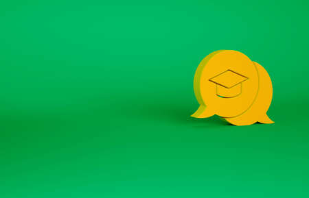 Orange Graduation cap in speech bubble icon isolated on green background. Graduation hat with tassel...