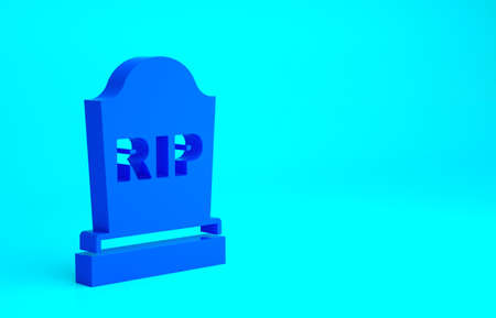 Blue Tombstone with RIP written on it icon isolated on blue background. Grave icon. Minimalism concept. 3d illustration 3D renderの写真素材