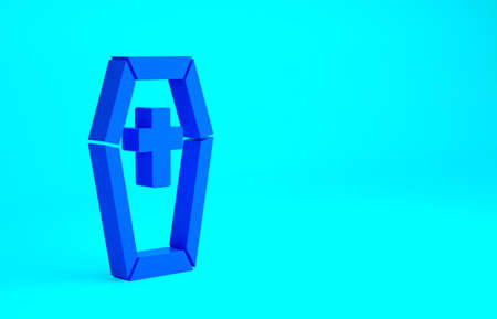 Blue Coffin with christian cross icon isolated on blue background. Happy Halloween party. Minimalism concept. 3d illustration 3D renderの写真素材
