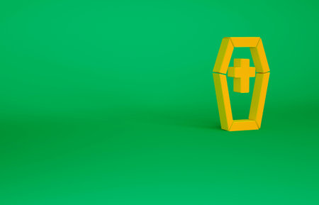 Orange Coffin with christian cross icon isolated on green background. Happy Halloween party. Minimalism concept. 3d illustration 3D renderの写真素材