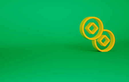 Orange Chinese Yuan currency symbol icon isolated on green background. Coin money. Banking currency sign. Cash symbol. Minimalism concept. 3d illustration 3D renderの写真素材
