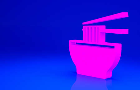 Pink Asian noodles in bowl and chopsticks icon isolated on blue background. Street fast food. Korean, Japanese, Chinese food. Minimalism concept. 3d illustration 3D renderの写真素材