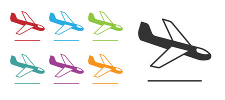Black Plane landing icon isolated on white background. Airplane transport symbol. Set icons colorful. Vectorのイラスト素材