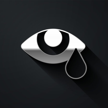 Silver Tear cry eye icon isolated on black background. Long shadow style. Vectorのイラスト素材
