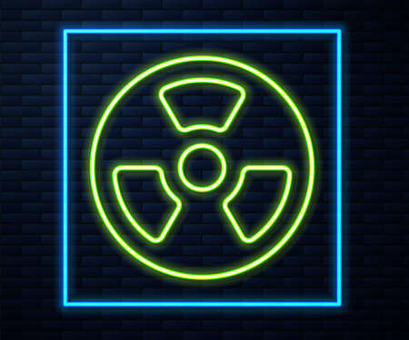 Glowing neon line Radioactive icon isolated on brick wall background. Radioactive toxic symbol. Radiation Hazard sign. Vectorのイラスト素材