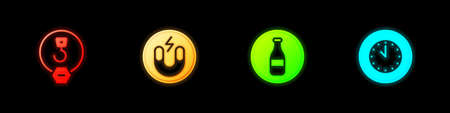 Set Industrial hook, Magnet, Bottle and Clock icon. Vector