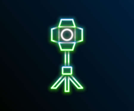 Glowing neon line Studio light bulb in softbox icon isolated on black background. Shadow reflection design. Colorful outline concept. Vectorのイラスト素材