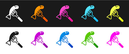 Set Served fish on a plate icon isolated on black and white background. Vectorのイラスト素材