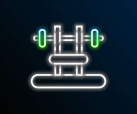 Glowing neon line Bench with barbel icon isolated on black background. Gym equipment. Bodybuilding, powerlifting, fitness concept. Colorful outline concept. Vectorのイラスト素材