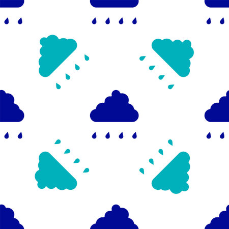 Blue Cloud with rain icon isolated seamless pattern on white background. Rain cloud precipitation with rain drops. Vectorのイラスト素材
