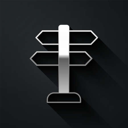 Silver Road traffic sign. Signpost icon isolated on black background. Pointer symbol. Isolated street information sign. Direction sign. Long shadow style. Vectorのイラスト素材
