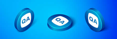 Isometric Speech bubbles with Question and Answer icon isolated on blue background. Q and A symbol. FAQ sign. Chat speech bubble and chart. Blue circle button. Vectorのイラスト素材