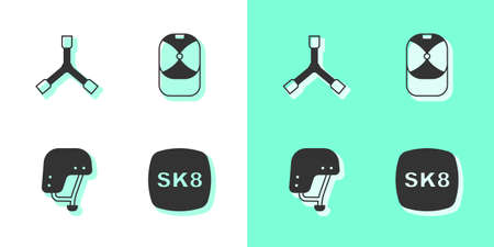 Set Skateboard, Y-tool, helmet and Baseball cap icon. Vectorのイラスト素材