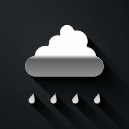 Silver Cloud with rain icon isolated on black background. Rain cloud precipitation with rain drops. Long shadow style. Vectorのイラスト素材
