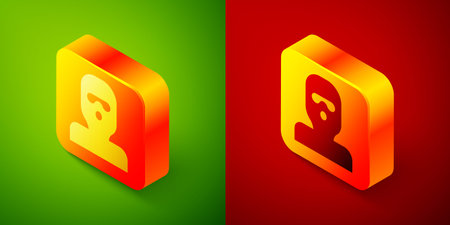 Isometric Thief mask icon isolated on green and red background. Bandit mask, criminal man. Square button. Vectorのイラスト素材