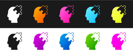 Set Solution to the problem in psychology icon isolated on black and white background. Puzzle. Therapy for mental health. Vectorのイラスト素材