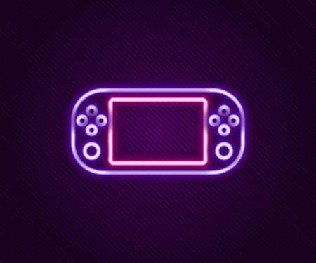 Glowing neon line Portable video game console icon isolated on black background. Gamepad sign....