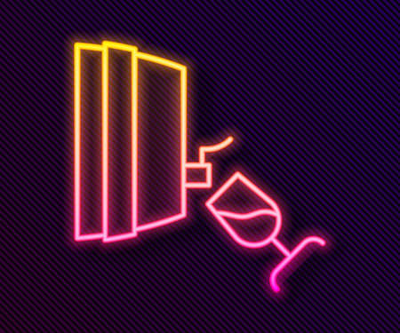 Glowing neon line Wine tasting, degustation icon isolated on black background. Wooden barrel for wine with glass. Vectorのイラスト素材
