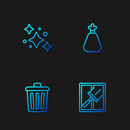 Set line Rubber cleaner for windows, Trash can, Home cleaning service and Garbage bag. Gradient color icons. Vectorのイラスト素材