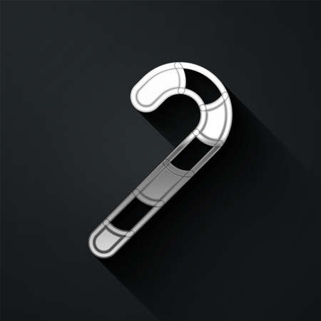 Silver Christmas candy cane with stripes icon isolated on black background. Happy Halloween party. Long shadow style. Vectorのイラスト素材
