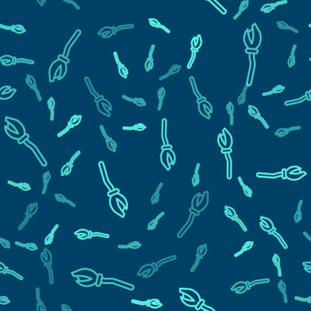 Green line Witches broom icon isolated seamless pattern on blue background. Happy Halloween party. Vectorのイラスト素材