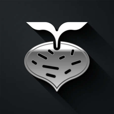 Silver Fresh beet with leaf icon isolated on black background. Natural Root. Vegetable Ingredient for food. Long shadow style. Vectorのイラスト素材