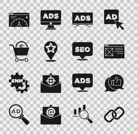 Set Chain link, Customer product rating, Browser window, Advertising, Map pointer with star, Shopping cart and dollar, Website statistic and SEO optimization icon. Vectorのイラスト素材