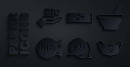 Set Bio healthy food, Mortar and pestle, Medical protective mask, Blood test virus and icon. Vectorのイラスト素材