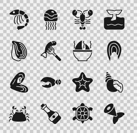 Set Fish Tail Scallop Sea Shell Steak Lobster Served Fish On Plate Mussel Shrimp And Shark Fin Soup Icon Vectorのイラスト素材 イメージマート