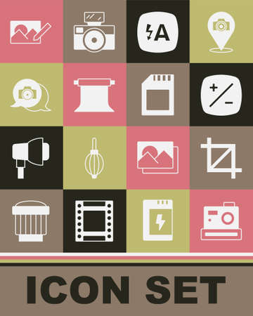 Set Photo camera, Picture crop photo, Exposure compensation, Auto flash, Empty studio, retouching and SD card icon. Vectorのイラスト素材