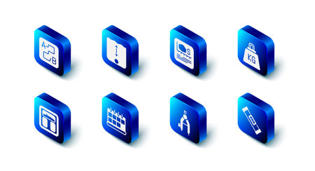 Set Depth measurement, Area, Weight, Construction bubble level, Drawing compass, Calendar, Bathroom scales and Route location icon. Vectorのイラスト素材
