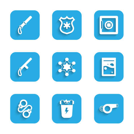 Set Hexagram sheriff, Police electric shocker, Whistle, Plastic bag of drug, Handcuffs, rubber baton, Safe and icon. Vectorのイラスト素材