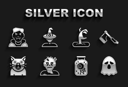 Set Zombie mask, Wooden axe, Ghost, Eye in jar, Cat, hand, Vampire and Witch icon. Vectorのイラスト素材