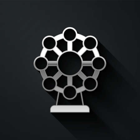 Silver Ferris wheel icon isolated on black background. Amusement park. Childrens entertainment playground, recreation park. Long shadow style. Vectorのイラスト素材