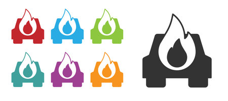 Black Burning car icon isolated on white background. Car on fire. Broken auto covered with fire and smoke. Set icons colorful. Vectorのイラスト素材