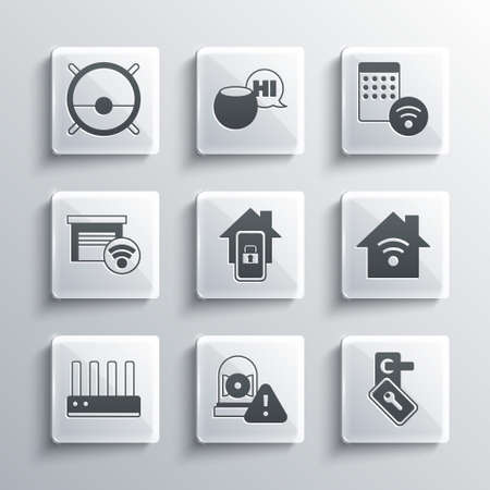 Set Ringing alarm bell, Digital door lock, Smart home with wifi, Mobile smart, Router and signal, garage, Robot vacuum cleaner and Air humidifier icon. Vectorのイラスト素材