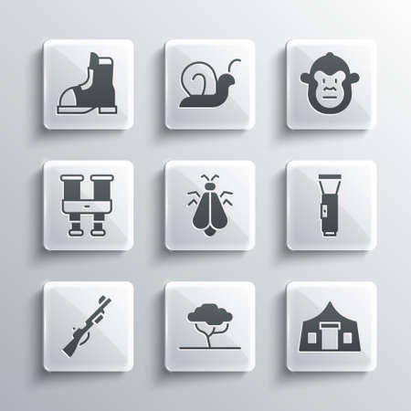 Set African tree, Tourist tent, Flashlight, Mosquito, Hunting gun, Binoculars, Hunter boots and Monkey icon. Vectorのイラスト素材