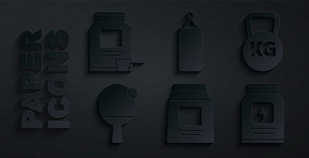 Set Sports nutrition, Kettlebell, Racket and ball, Punching bag and icon. Vectorのイラスト素材